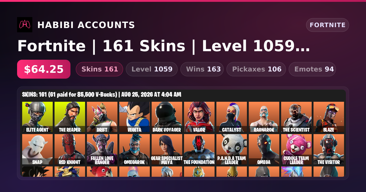 Fortnite | 161 Skins | Level 1059 | 163 Wins