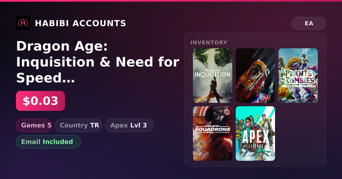 Dragon Age: Inquisition & Need for Speed Hot Pursuit Remastered | 5 Games | Apex Lvl 3 — HabibiAccounts