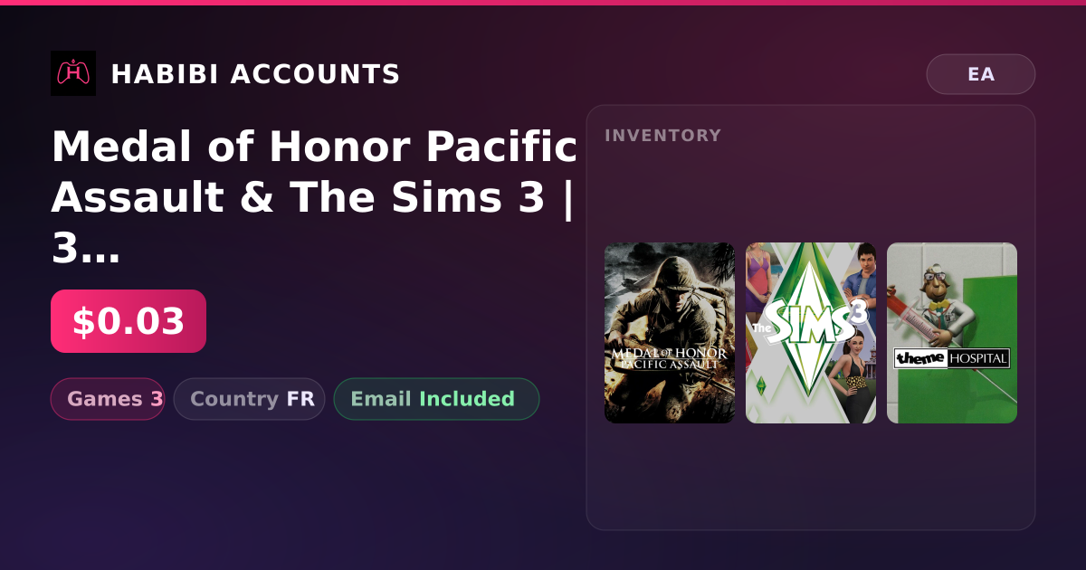 Medal of Honor Pacific Assault & The Sims 3 | 3 Games — HabibiAccounts