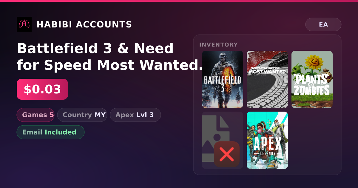 Battlefield 3 & Need for Speed Most Wanted | 5 Games | Apex Lvl 3 — HabibiAccounts