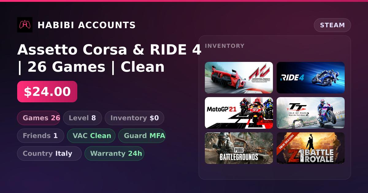 Assetto Corsa & RIDE 4 | 26 Games | Clean — HabibiAccounts