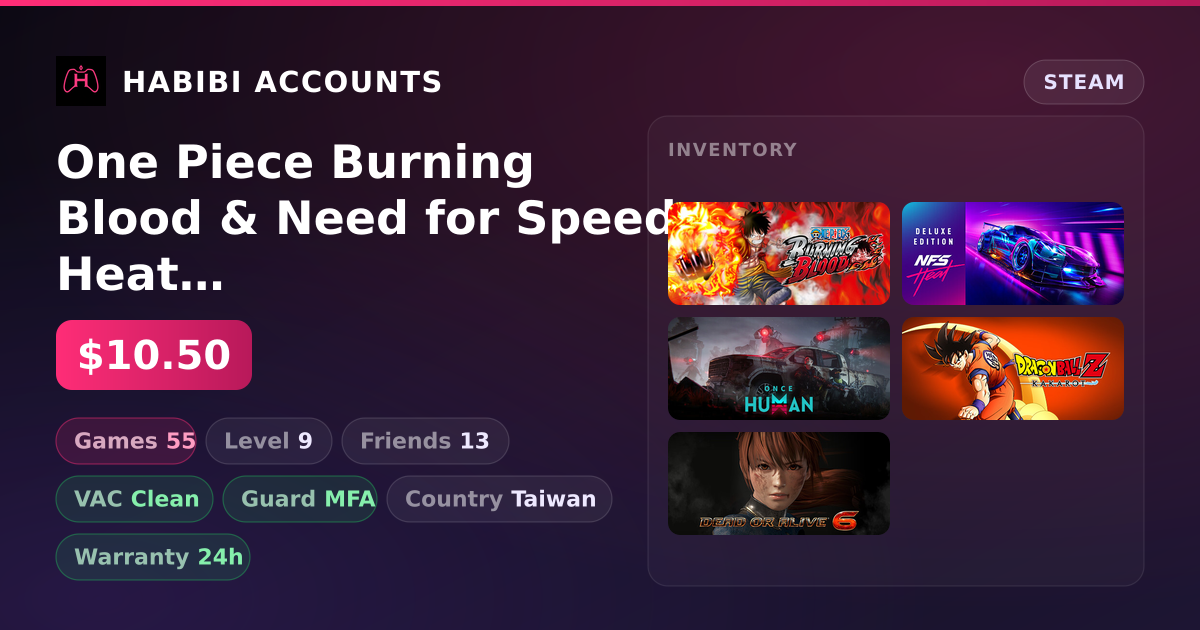 One Piece Burning Blood & Need for Speed Heat | 55 Games | Clean — HabibiAccounts