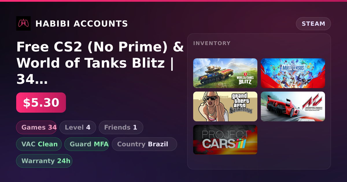 Free CS2 (No Prime) & World of Tanks Blitz | 34 Games | Clean — HabibiAccounts