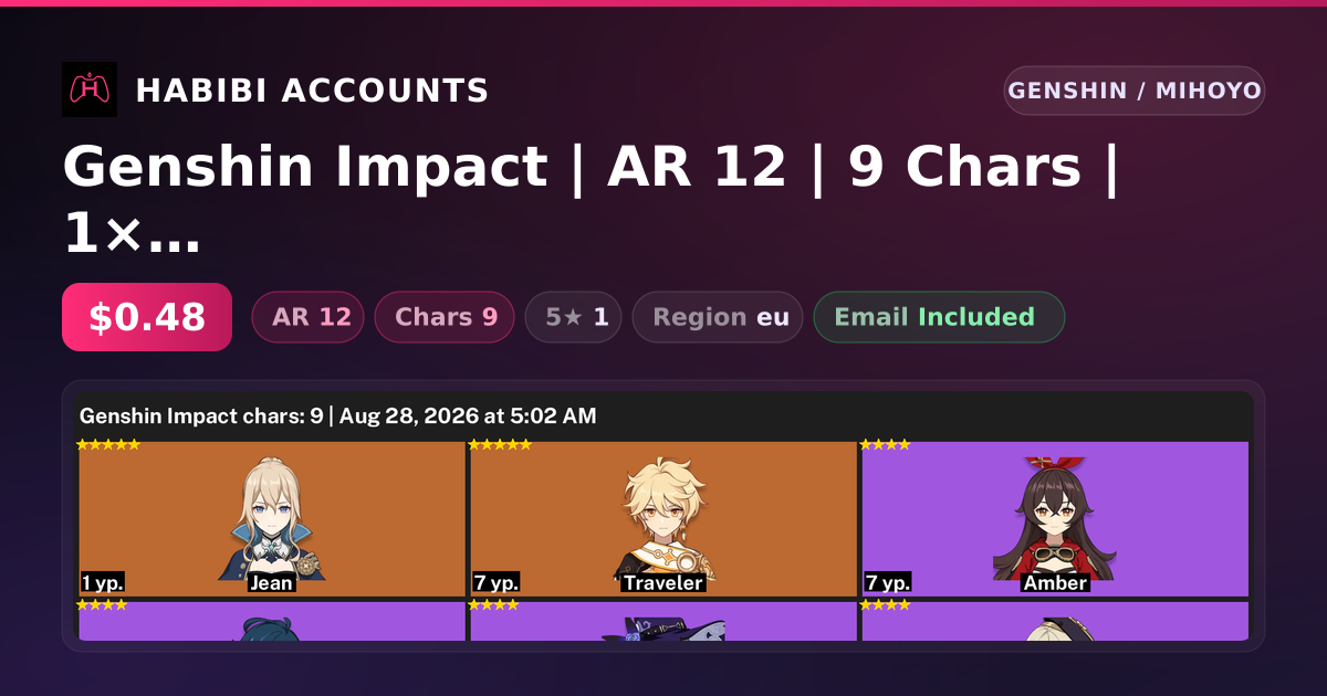 Genshin Impact | AR 12 | 9 Chars | 1× 5★ — HabibiAccounts