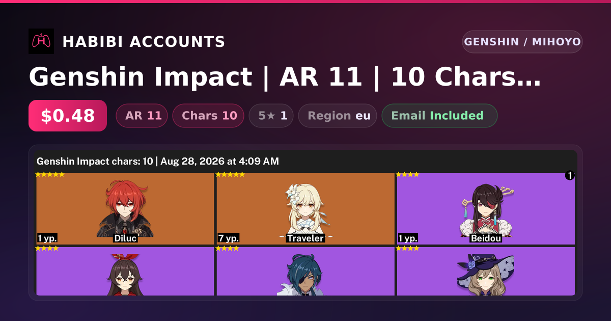 Genshin Impact | AR 11 | 10 Chars | 1× 5★ — HabibiAccounts