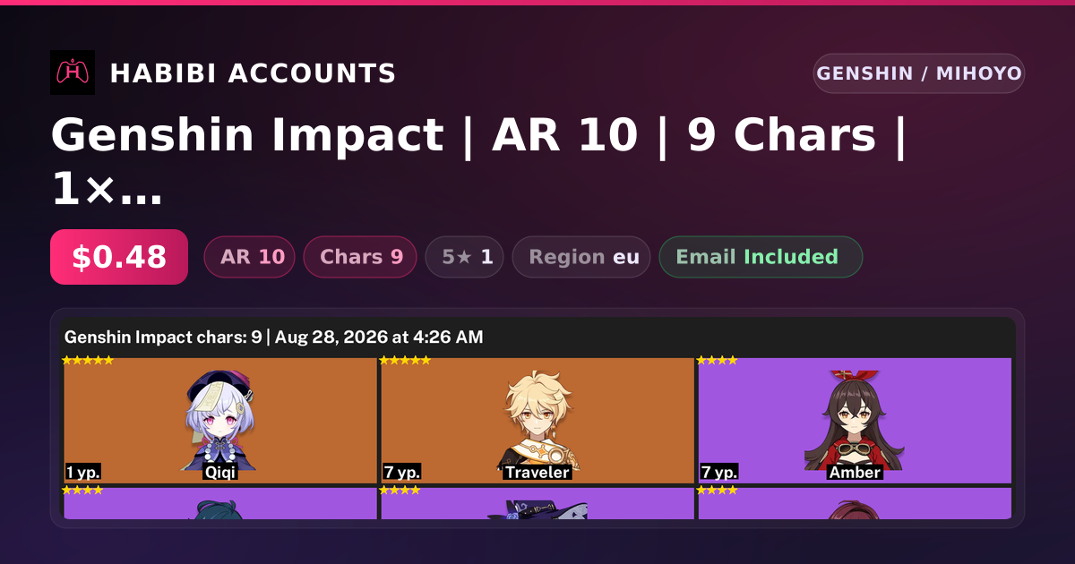 Genshin Impact | AR 10 | 9 Chars | 1× 5★ — HabibiAccounts