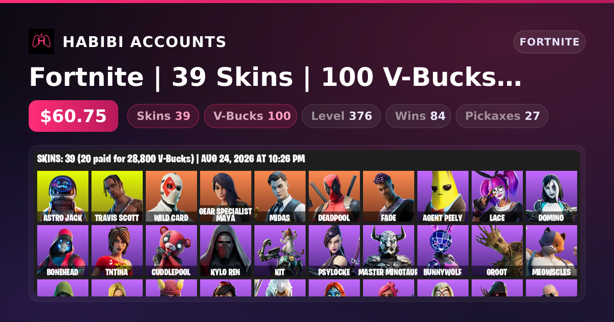 Fortnite | 39 Skins | 100 V-Bucks | Level 376 | 84 Wins