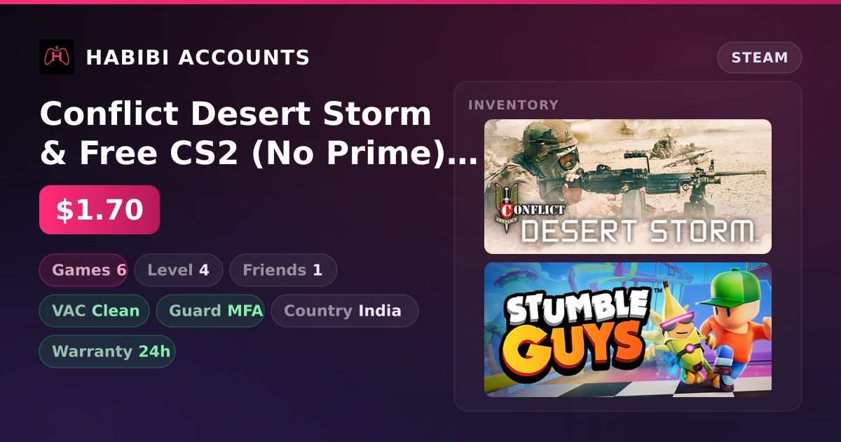 Conflict Desert Storm & Free CS2 (No Prime) | Clean — HabibiAccounts
