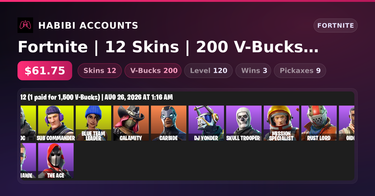 Fortnite | 12 Skins | 200 V-Bucks | Level 120 | 3 Wins — HabibiAccounts