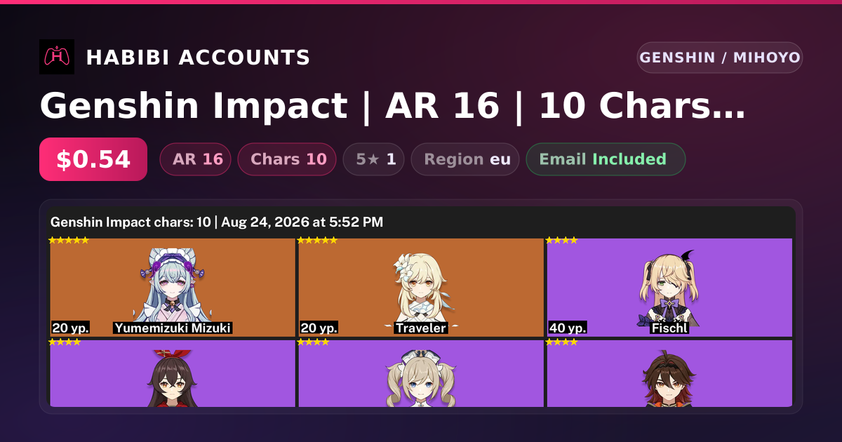 Genshin Impact | AR 16 | 10 Chars | 1× 5★ — HabibiAccounts