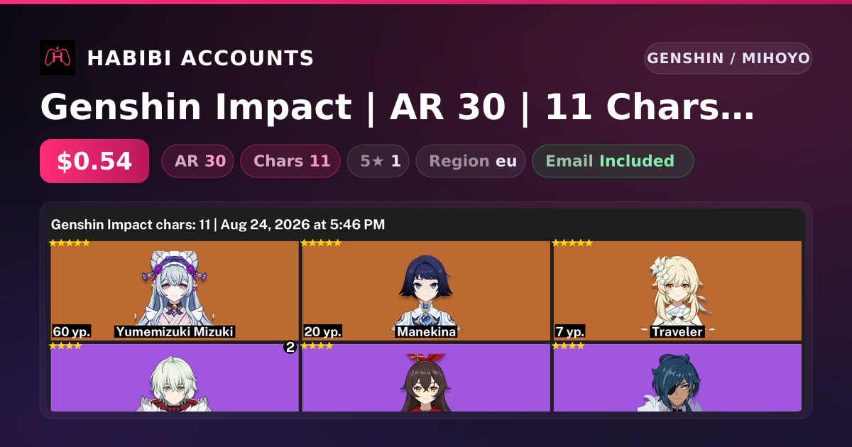 Genshin Impact | AR 30 | 11 Chars | 1× 5★ — HabibiAccounts