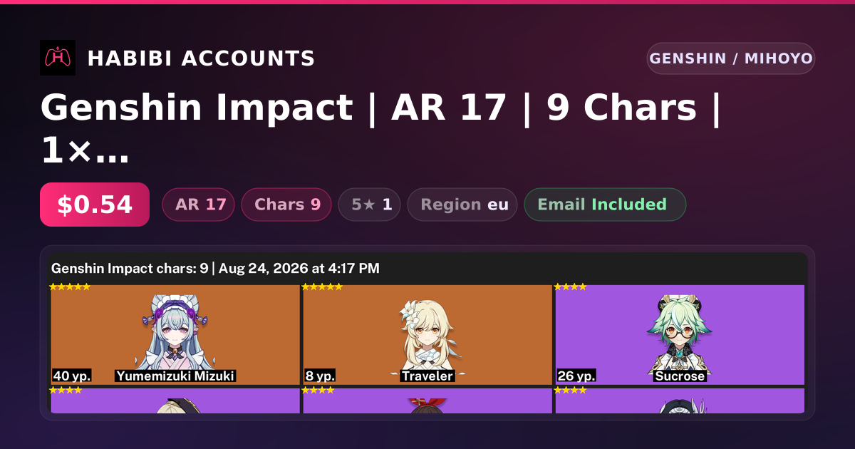 Genshin Impact | AR 17 | 9 Chars | 1× 5★ — HabibiAccounts