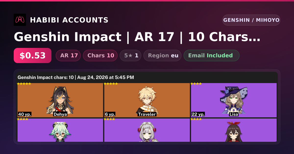 Genshin Impact | AR 17 | 10 Chars | 1× 5★ — HabibiAccounts