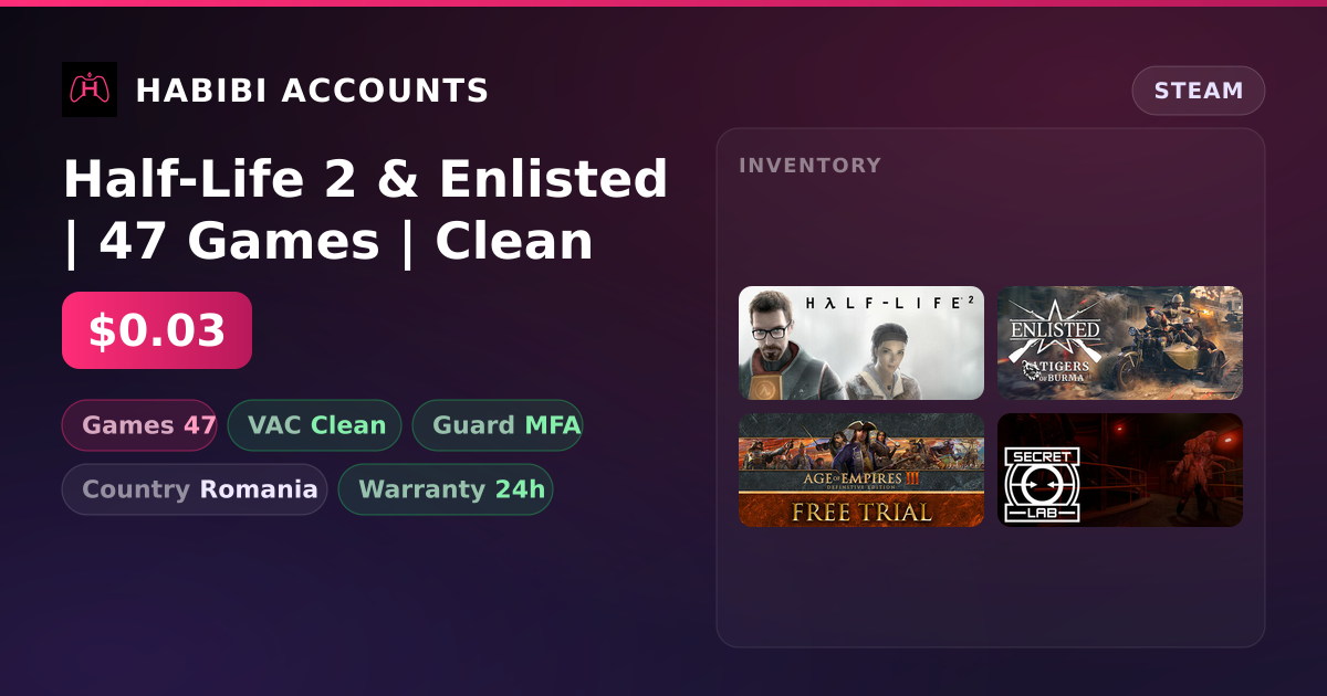Half-Life 2 & Enlisted | 47 Games | Clean — HabibiAccounts