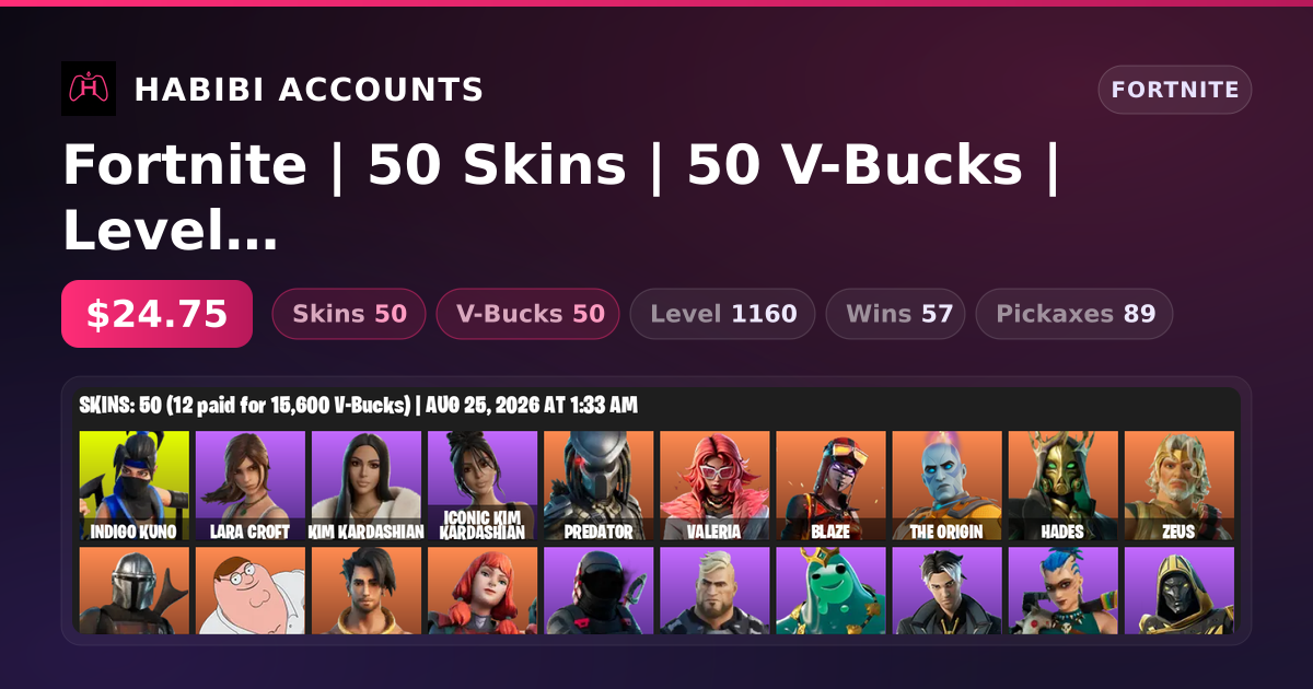 Fortnite | 50 Skins | 50 V-Bucks | Level 1160 | 57 Wins
