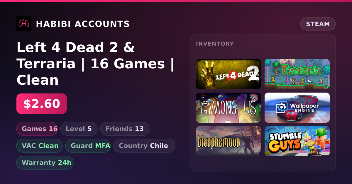 Left 4 Dead 2 & Terraria | 16 Games | Clean — HabibiAccounts