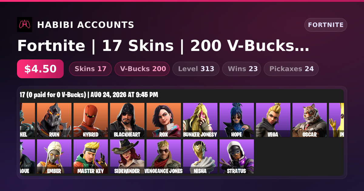 Fortnite | 17 Skins | 200 V-Bucks | Level 313 | 23 Wins