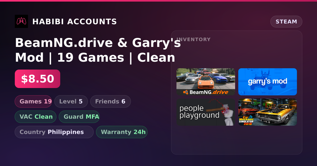 BeamNG.drive & Garry's Mod | 19 Games | Clean — HabibiAccounts