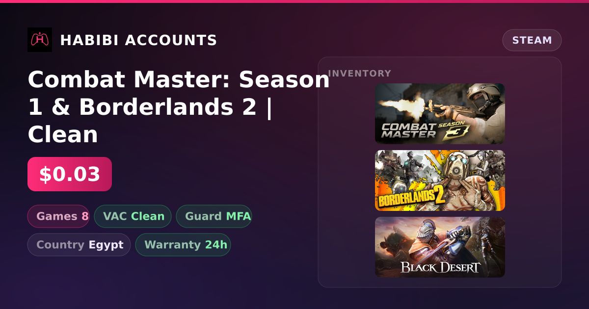 Combat Master: Season 1 & Borderlands 2 | Clean — HabibiAccounts
