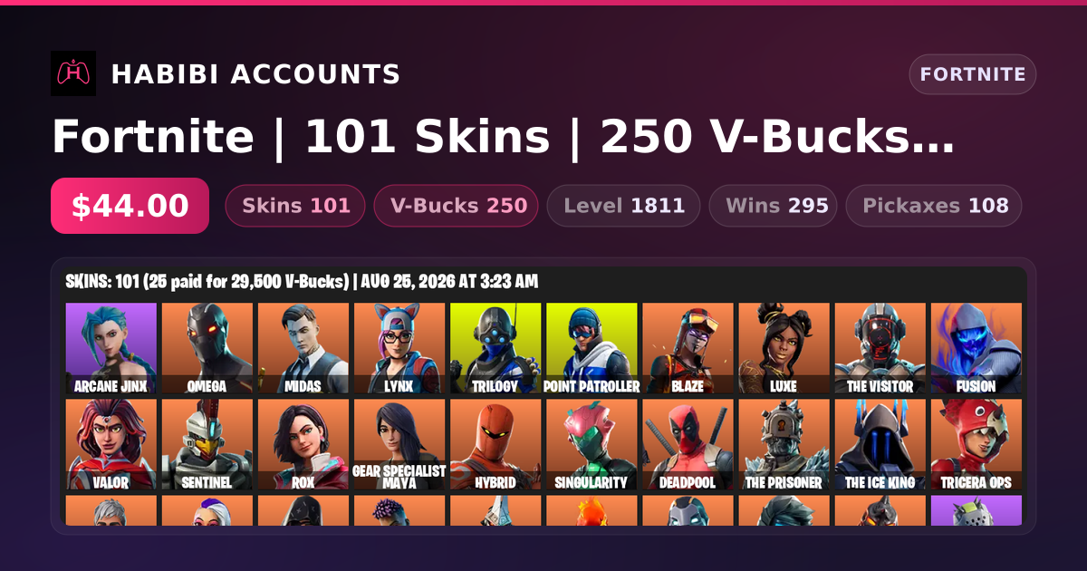 Fortnite | 101 Skins | 250 V-Bucks | Level 1811 | 295 Wins