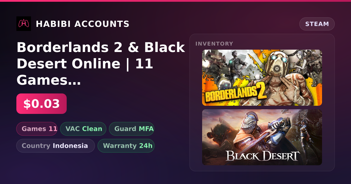 Borderlands 2 & Black Desert Online | 11 Games | Clean — HabibiAccounts