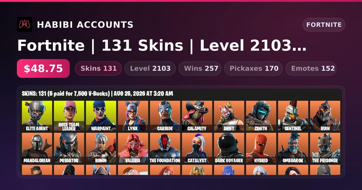 Fortnite | 131 Skins | Level 2103 | 257 Wins — HabibiAccounts