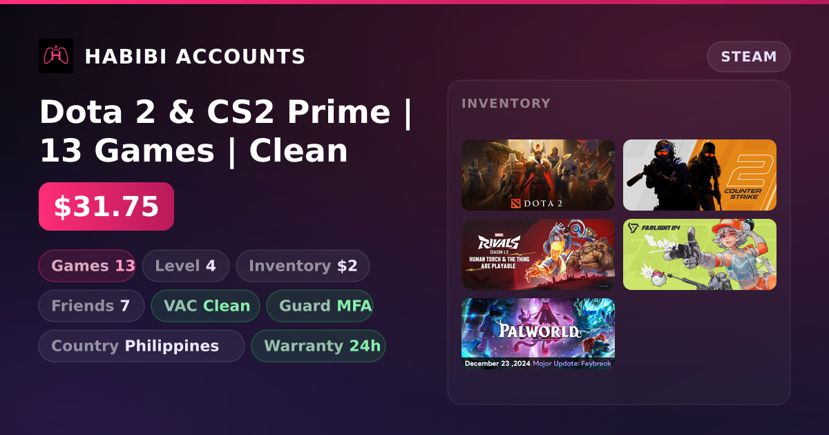 Dota 2 & CS2 Prime | 13 Games | Clean — HabibiAccounts