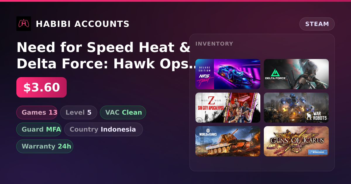 Need for Speed Heat & Delta Force: Hawk Ops | 13 Games | Clean — HabibiAccounts