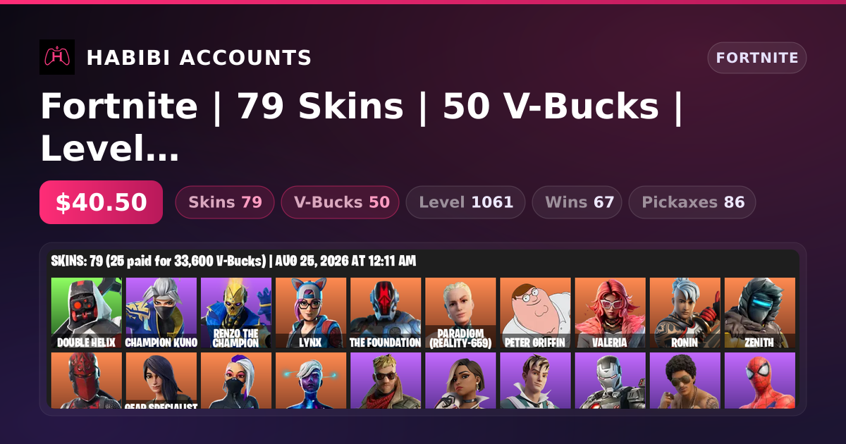 Fortnite | 79 Skins | 50 V-Bucks | Level 1061 | 67 Wins — HabibiAccounts