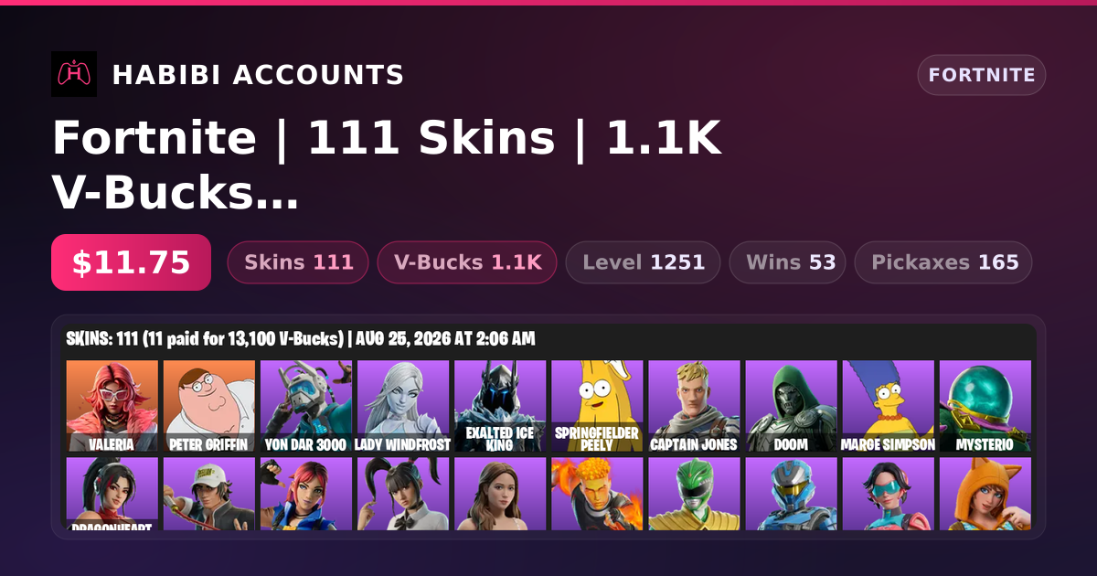 Fortnite | 111 Skins | 1.1K V-Bucks | Level 1251 | 53 Wins — HabibiAccounts