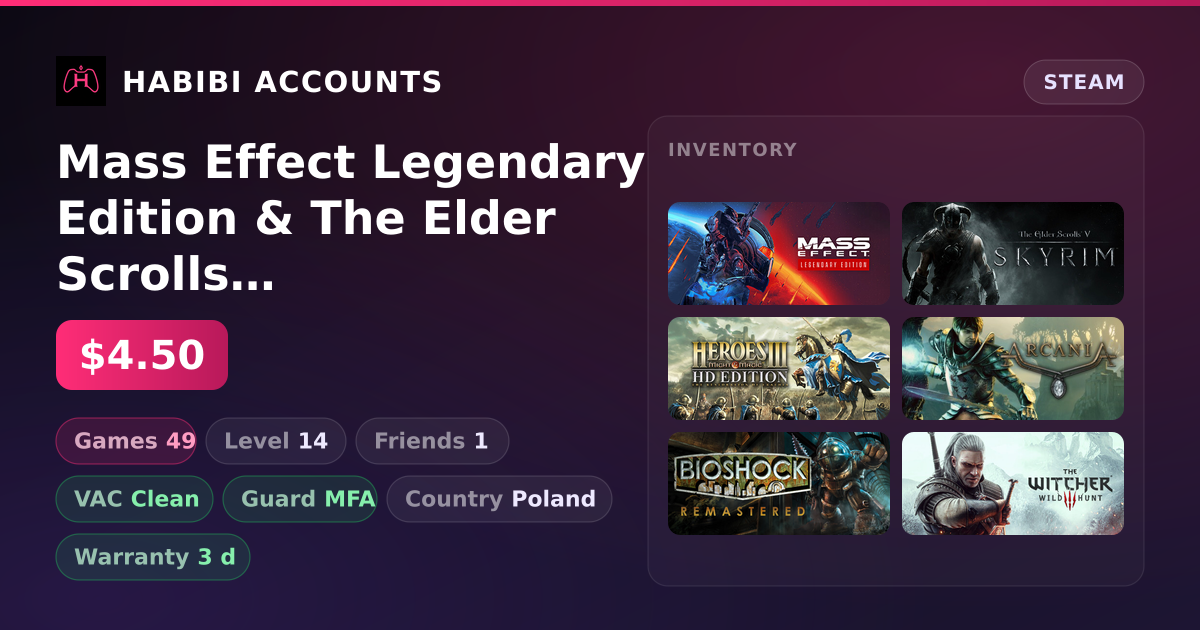 Mass Effect Legendary Edition & The Elder Scrolls V: Skyrim | Level 14 | 49 Games | Clean — HabibiAccounts