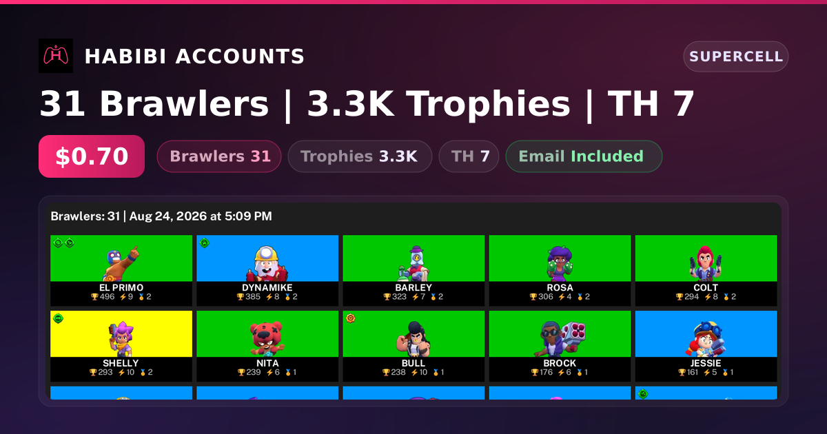 31 Brawlers | 3.3K Trophies | TH 7 — HabibiAccounts