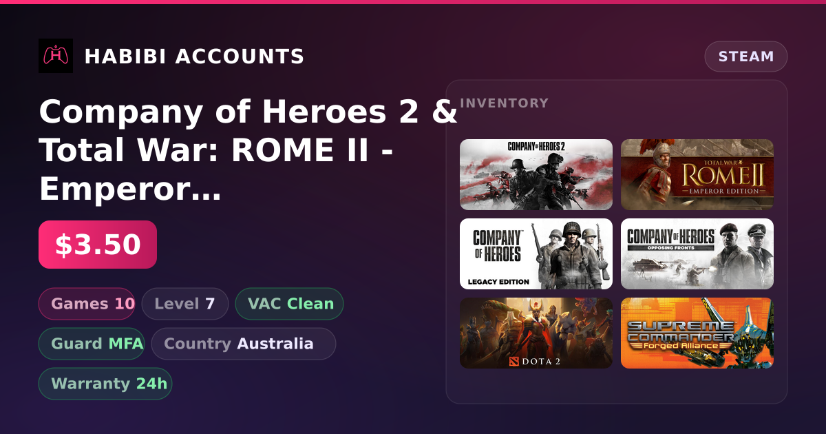 Company of Heroes 2 & Total War: ROME II - Emperor Edition | 10 Games | Clean — HabibiAccounts