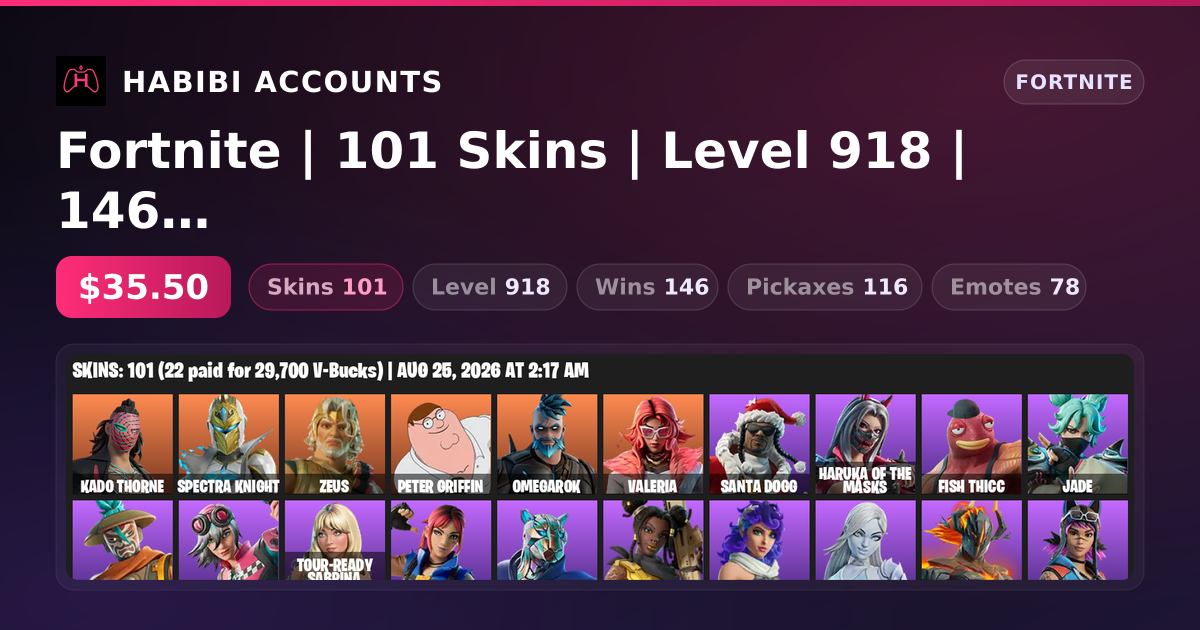 Fortnite | 101 Skins | Level 918 | 146 Wins — HabibiAccounts
