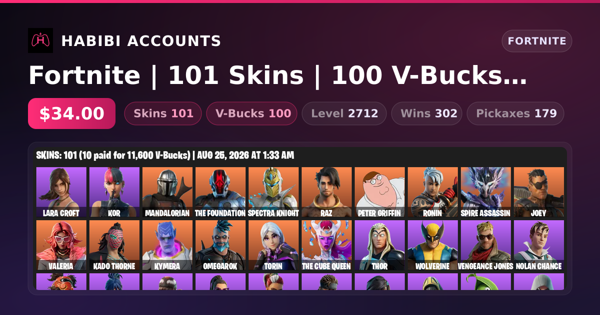 Fortnite | 101 Skins | 100 V-Bucks | Level 2712 | 302 Wins