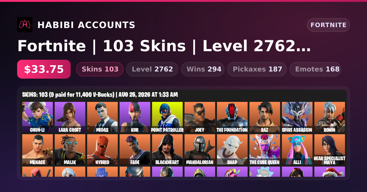 Fortnite | 103 Skins | Level 2762 | 294 Wins
