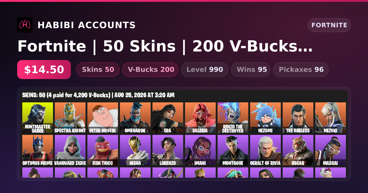 Fortnite | 50 Skins | 200 V-Bucks | Level 990 | 95 Wins — HabibiAccounts