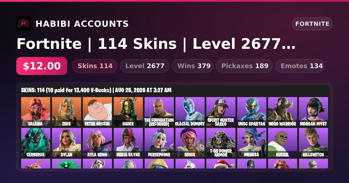 Fortnite | 114 Skins | Level 2677 | 379 Wins