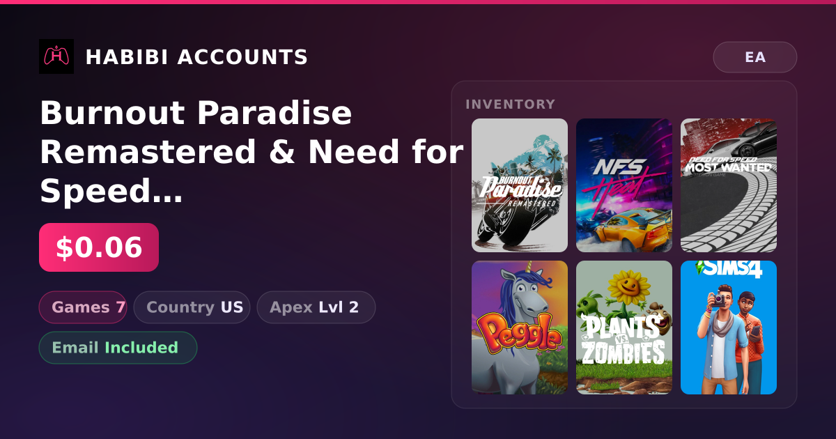Burnout Paradise Remastered & Need for Speed Heat | 7 Games | Apex Lvl 2 — HabibiAccounts