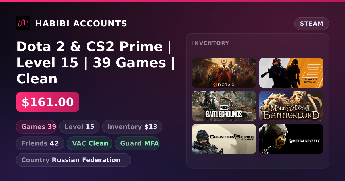 Dota 2 & CS2 Prime | Level 15 | 39 Games | Clean