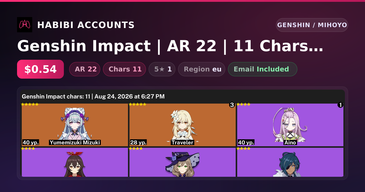 Genshin Impact | AR 22 | 11 Chars | 1× 5★ — HabibiAccounts