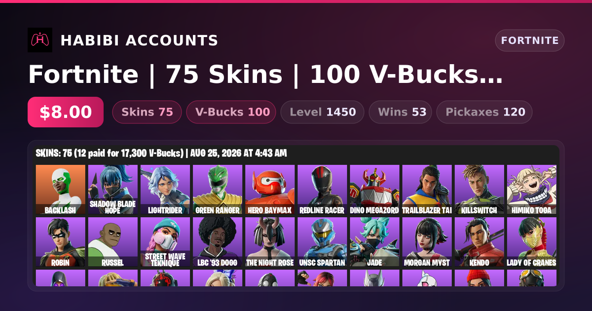 Fortnite | 75 Skins | 100 V-Bucks | Level 1450 | 53 Wins — HabibiAccounts
