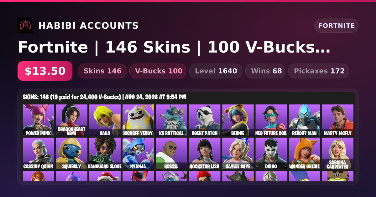 Fortnite | 146 Skins | 100 V-Bucks | Level 1640 | 68 Wins — HabibiAccounts