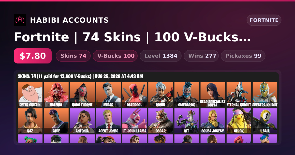 Fortnite | 74 Skins | 100 V-Bucks | Level 1384 | 277 Wins — HabibiAccounts