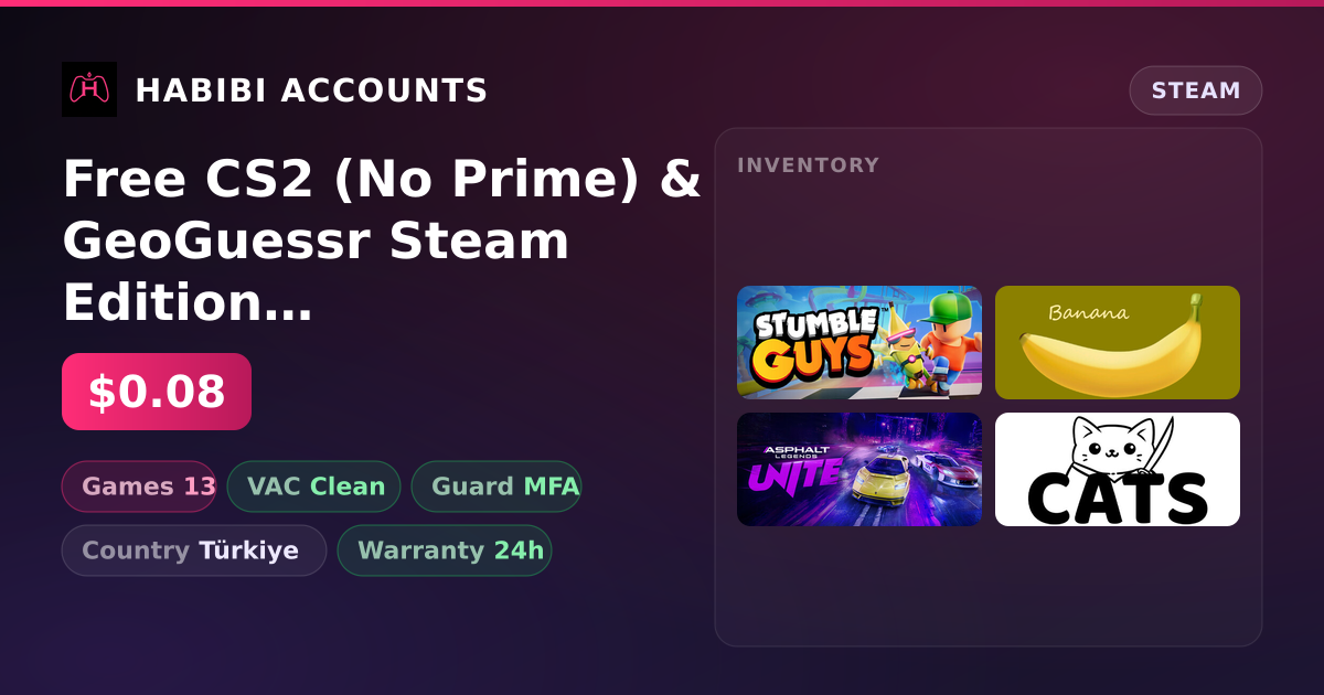 Free CS2 (No Prime) & GeoGuessr Steam Edition | 13 Games | Clean — HabibiAccounts
