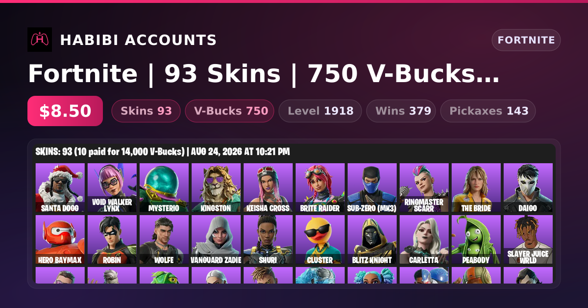 Fortnite | 93 Skins | 750 V-Bucks | Level 1918 | 379 Wins