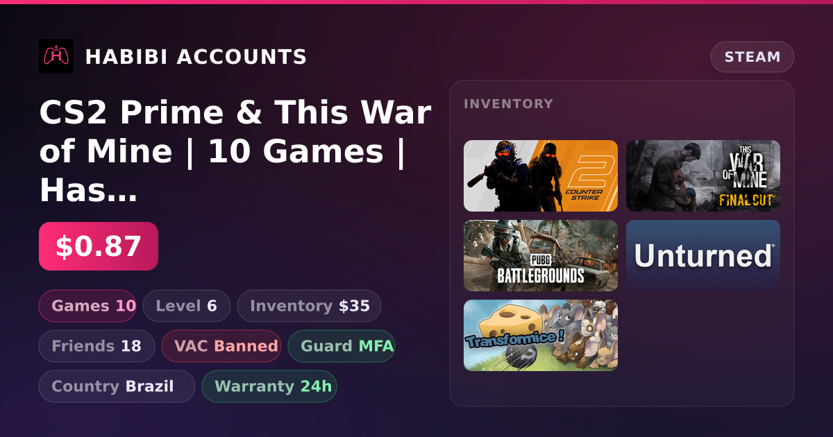 CS2 Prime & This War of Mine | 10 Games | Has VAC — HabibiAccounts