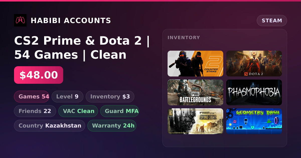 CS2 Prime & Dota 2 | 54 Games | Clean