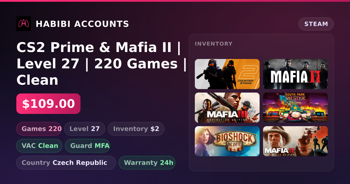 CS2 Prime & Mafia II | Level 27 | 220 Games | Clean — HabibiAccounts
