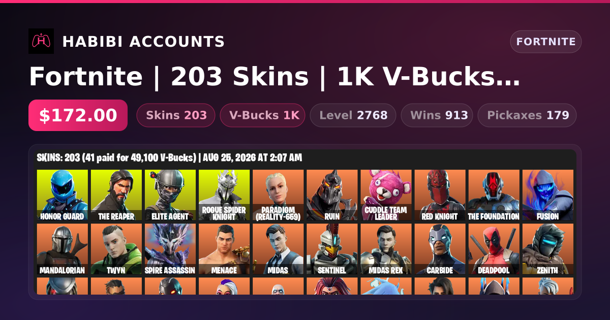 Fortnite | 203 Skins | 1K V-Bucks | Level 2768 | 913 Wins — HabibiAccounts